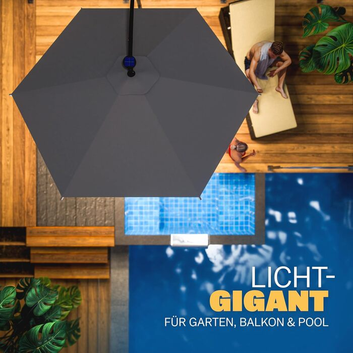 Kingsleeve® Canopy Umbrella LED Lighting UV Protection 80+ Solar Stand Protective Cover 300cm Large Crank Balcony Terrace Garden Umbrella Parasol Anthracite