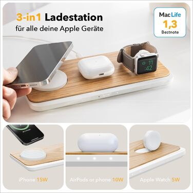 Woodcessories Multibase Pro: Бездротова зарядка 3-в-1 для iPhone, Apple Watch, AirPods з адаптером 45W (Дуб)