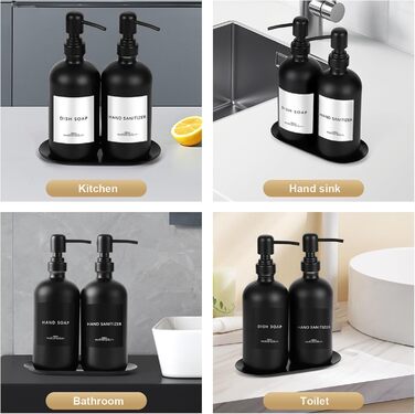 Набір дозаторів для мила Lannvan, скло, 500 мл, чорний матовий, для ванної кімнати та кухні, з підносом та етикетками