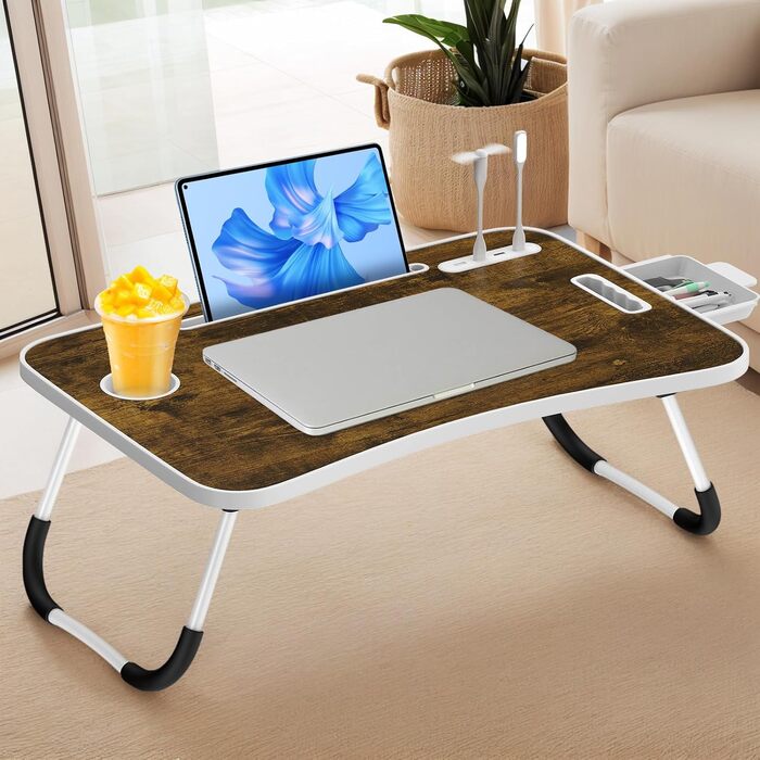 Стіл-підставка для ноутбука Huracan: регульований, з підсвіткою, USB, з відділенням для чашки та ящиком (60x40 см, Vintage Brown)