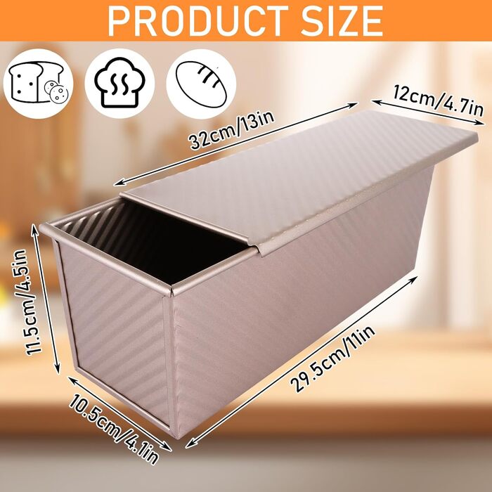Форма для випікання хліба з кришкою GBACHOOSE, 1000 г, золота, 32x12x11 см – форма для тостового хліба, кексу, булочок, випічки