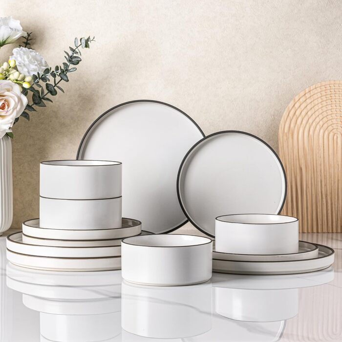 Набір посуду LeRatio для 6 осіб, 18 предметів, керамічний, стійкий до подряпин, білий з чорним контуром