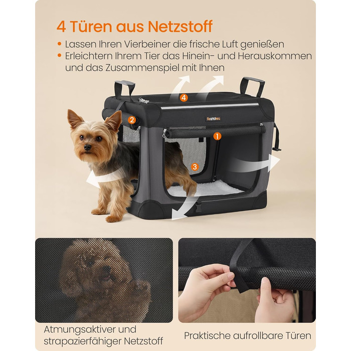 Кія Транспортна переноска для собак Feandrea, 50x35x35 см, чорна, з місткістю для води та корму