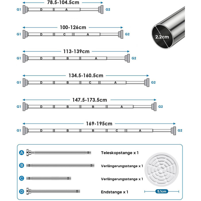 Телескопічна штанга для карнизи/душової кабіни, 79-195 см (срібна)