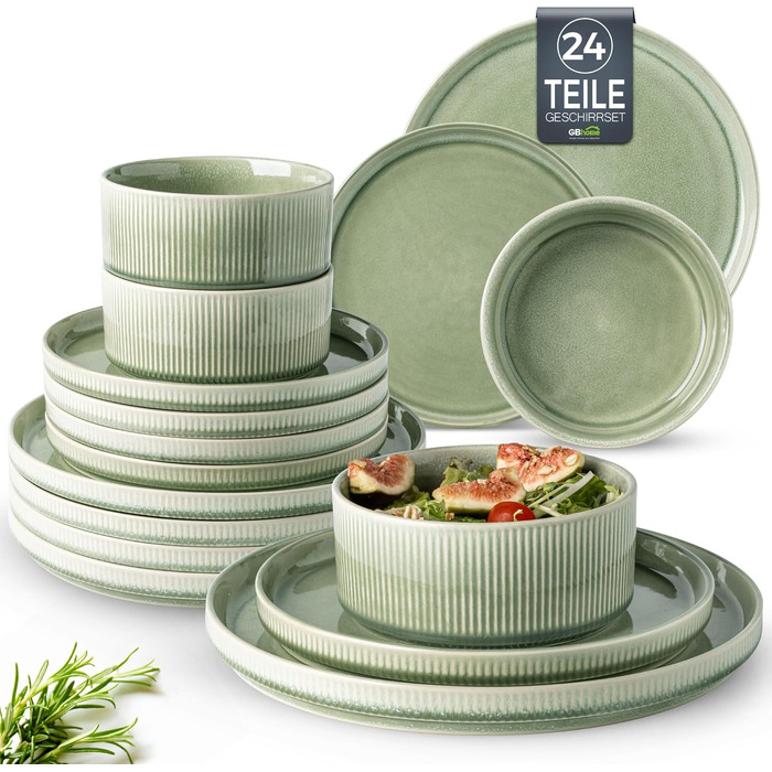 Набір посуду GBhome з каменю, 24 елементи, ручна робота, для 6 осіб, стійкий до миття в посудомийній машині та мікрохвильовій печі