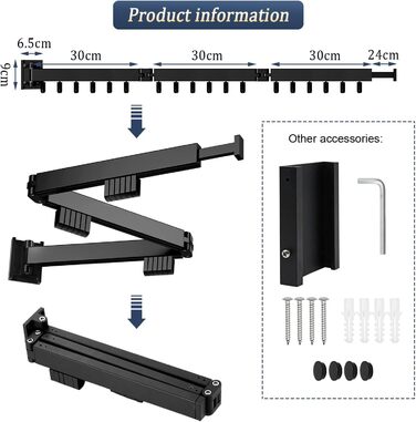 Настінна сушилка для білизни розкладна 120 см, висувна штанга з 18 гачками, сушарка для одягу на стіну, тримач для рушників (чорний)