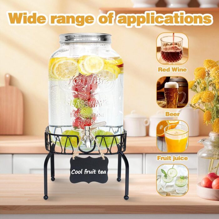 Диспенсер для напоїв на 7.6л зі стійкою, скляний диспенсер для води, соку, з нержавіючої сталі з краном, для дому, вечірок, свят
