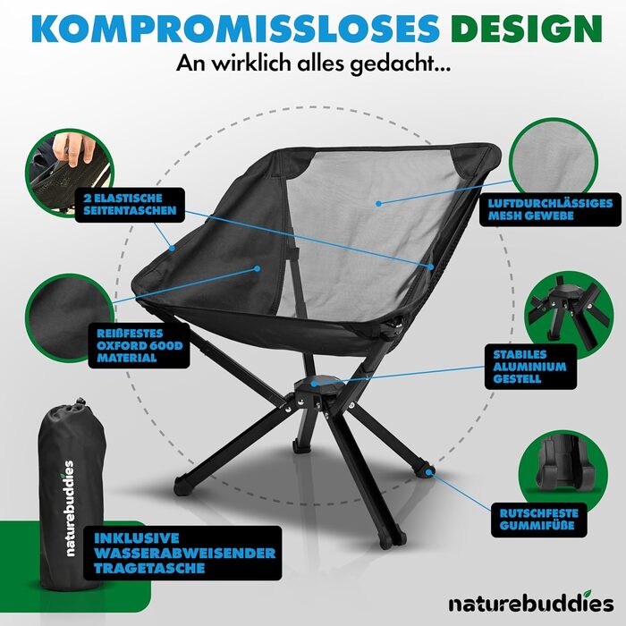 Крісло для кемпінгу Nature Buddies® Faltbar: Легке, компактне, складне (до 150 кг) | Стілець для риболовлі, відпочинку на природі, фестивалів