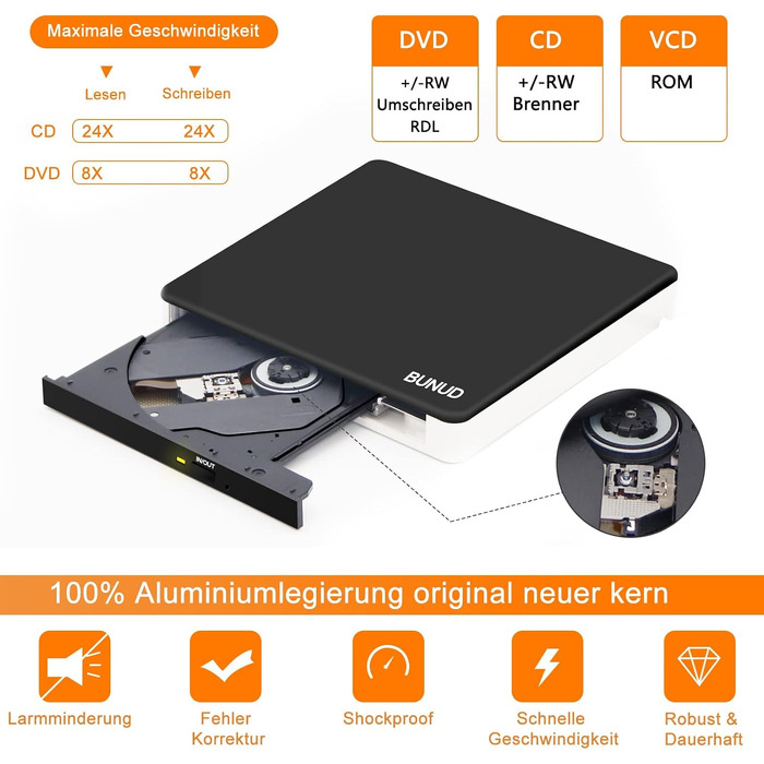 Зовнішній DVD-привід BUNUD USB 3.0: CD/DVD гравір та плеєр з картридером SD/TF для Windows 11, Mac, MacBook Pro Air, PC, ноутбука, чорно-білий