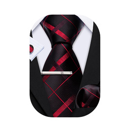 Краватка та нагрудна хустинка Hi-Tie для весілля, класичний стиль, квітковий принт, чорно-червоний каре, для чоловіків
