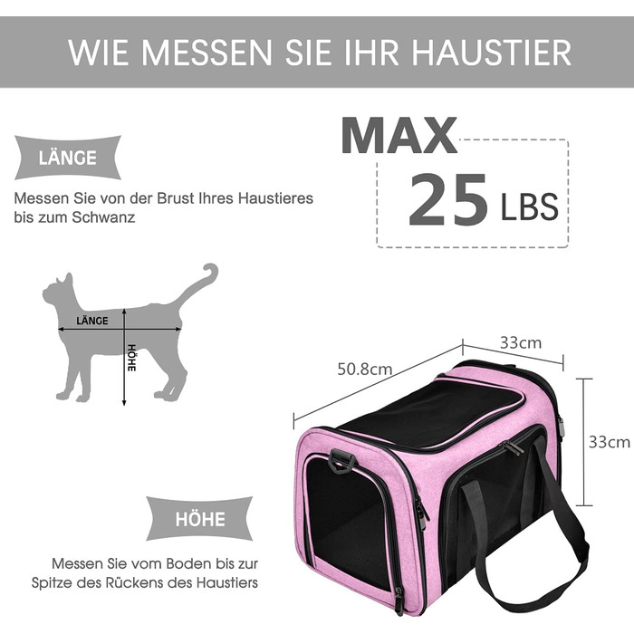 Транспортна сумка для кота/собаки, складана переноска для домашніх тварин середнього розміру (51x33x33 см, рожева)