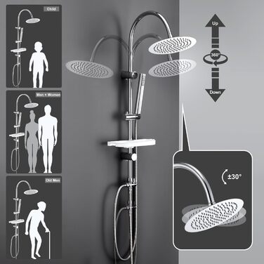 Gorch Rain Shower System with Shelf, Shower Set without Shower Faucet (20x20cm) (UYT-D20CP-Shelf, Chrome)
