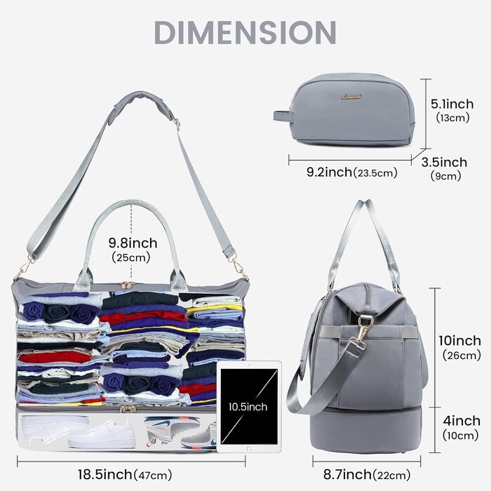 Спортивна сумка LOVEVOOK для подорожей, жіноча дорожня сумка-мішок, Weekender з косметичкою, відділенням для взуття та мокрих речей, водонепроникна, 37L, сіра