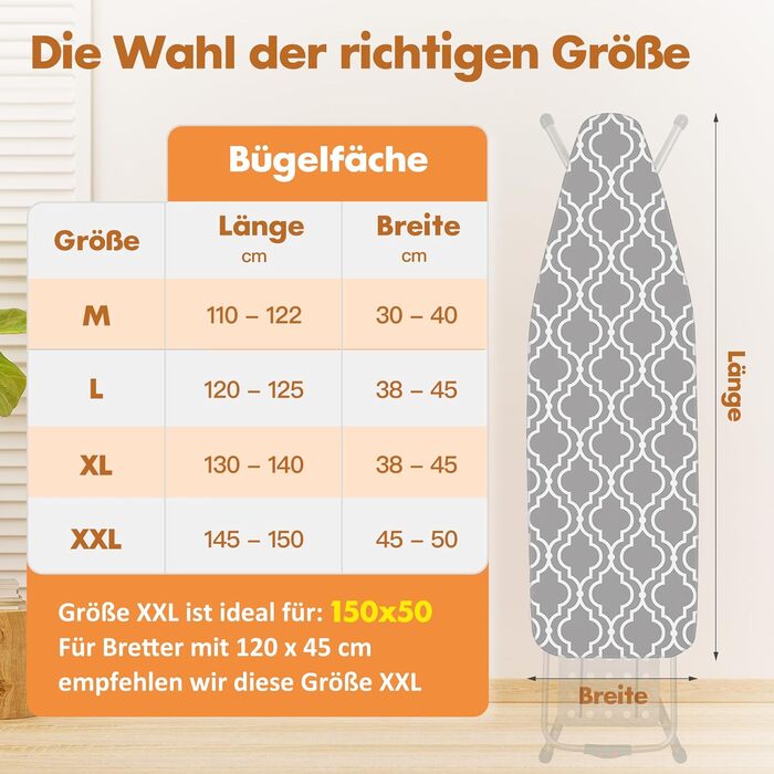 Глянець для прасувальної дошки LaFleurs® 150x50 см (XXL) – бавовна з комфортною підкладкою, фіксатор, для парових прасок, швидке прасування, сірий колір