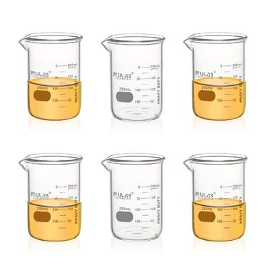ULAB Heavy Duty Beaker, 6 Pieces Vol.250ml (8.45oz), Borosilicate 3.3 Glass, Thick-Walled Beakers, with Double Scale, Superior Durability & Chemical Resistance, UBG1055
