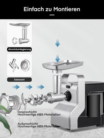 Electric Meat Grinder 5-in-1 - 700W Power, 2800W Max Blocking Capacity, Stainless Steel Grinding Plates (3, 5, 7mm), Sausage Maker, Kubbe Attachment, Black