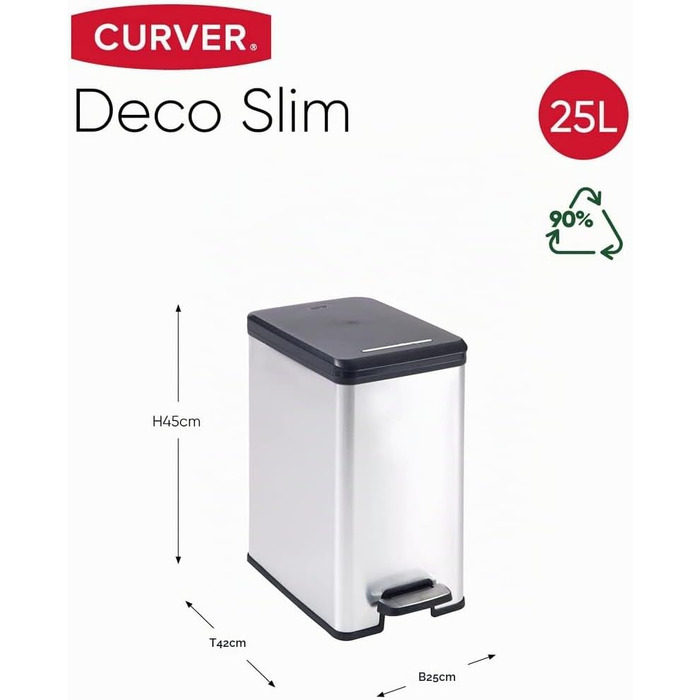 Сміттєвий кошик Curver Deco Slim 40 л, пластиковий, чорний/сріблястий металік, 39.3 x 25 x 60.7 см