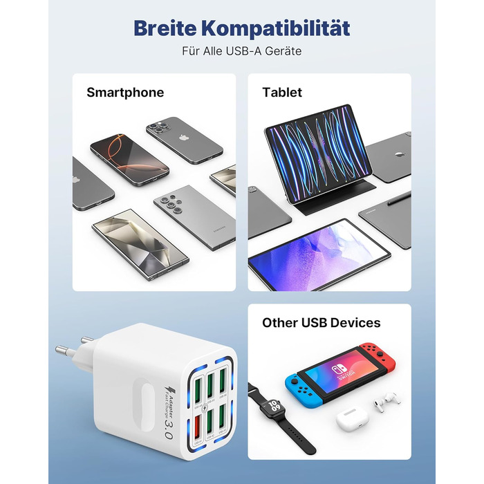Зарядний пристрій USB 6-портовий, 33W, адаптер з QC 3.0, багатопортовий зарядний пристрій, мережевий адаптер для iPhone 16 15 14 13 12 11 Pro Max, iPad, мобільний телефон, білий