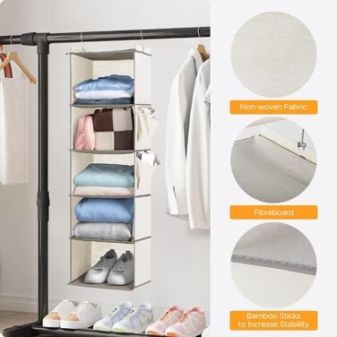 Організатор для шафи Cozary з 5 відділеннями, складаний, з металевими гачками (Бежевий)