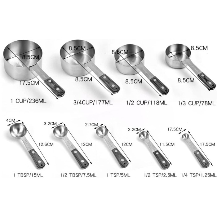 9-Piece Measuring Cup Set with Hanging Handles, Measuring Spoons, Coffee Spoons, Stainless Steel, Non-Toxic, Professional Kitchen Measuring Set for Cooking and Baking.