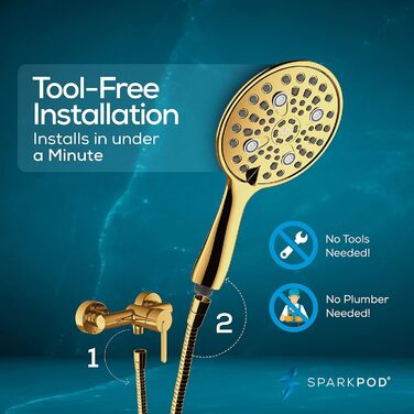 Душова лійка SparkPod високого тиску з довгим шлангом 15 см, XXL, дощова, хром, розкішний дизайн, легка установка
