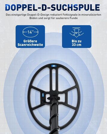 Професійний металошукач Metalldetektor Professional з водонепроникною DD-котушкою 14'' та широким діапазоном сканування, з функцією Pinpoint, глибиною виявлення 33 см, 4 режими, для дорослих, синій