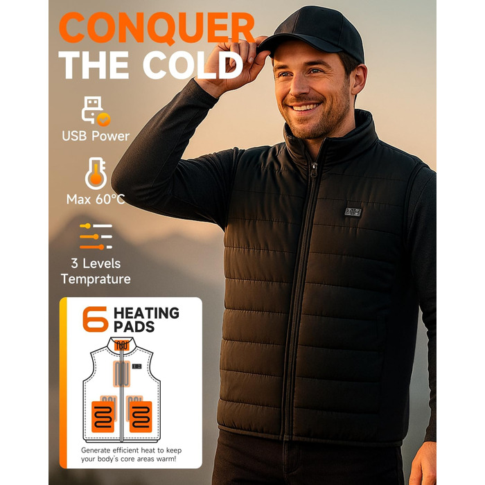 LABCOOL Тепла жилетка з підігрівом - чоловіча та жіноча жилетка з USB-підігрівом та акумулятором 10000mAh - 6-зонний підігрів з 3 рівнями температури - можна прати в пральній машині, чорний L