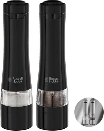 Електричні млини для солі та перцю Russell Hobbs 28010-56, керамічний механізм, чорні, набір 2 шт, для спецій і трав, регульований помел, LED підсвітка