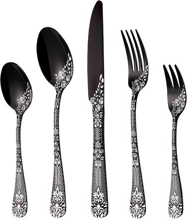 Black Cutlery Set for 6 People, HONKKU 30-Piece Stainless Steel Cutlery Set, Dining Cutlery Set Mirror Polished with Floral Patterns, Fork Spoon Knife Set Dishwasher Safe