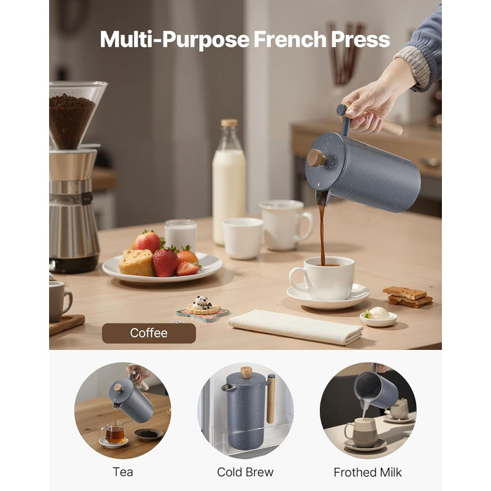 VEVOR Френч-прес для кави, 1 л, нержавіюча сталь, кавова преса, чайник з фільтром, ізольований, для кемпінгу, подорожей, кухні, ресторану, чорний