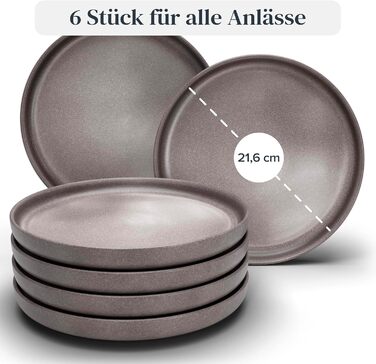 Stoneware Breakfast Plates, 6 Person. High-Quality Urban Style TEST VERY GOOD Dessert Plate Set - Cake Plates, Dishwasher and Scratch-Resistant - Small Plates, Salad Plates Pure Living in Matte Gray-Brown