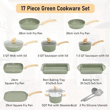 Kitchen Academy 17-Piece Induction Cookware Set with Glass Lids and Granite Coating, including Frying Pans and Pots (green 17 pc)