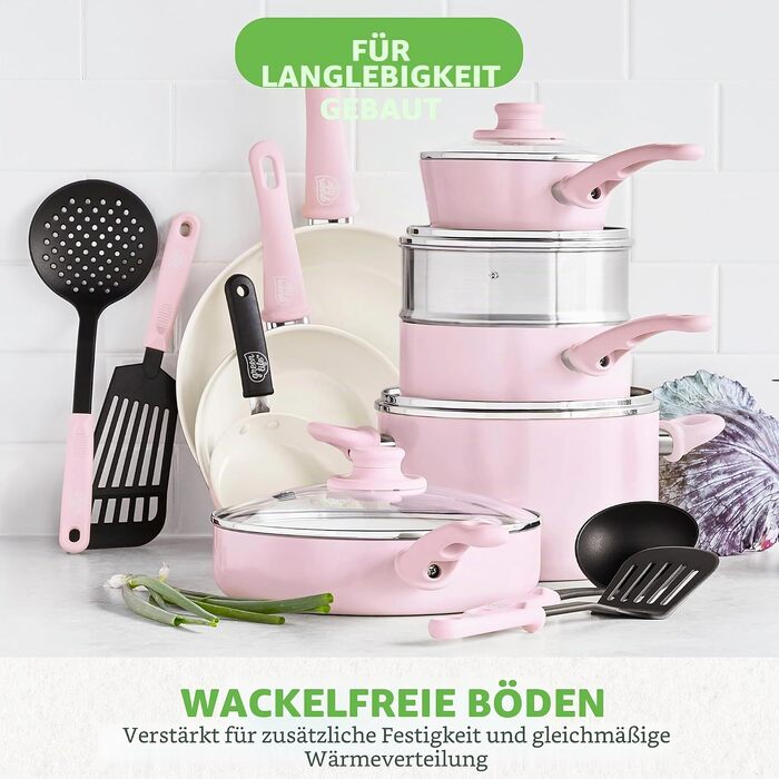 Набір кухонного посуду GreenLife Soft Grip з керамічним антипригарним покриттям, 16 предметів (сковорода, сотейник, каструлі), без PFAS, підходить для посудомийки та духовки, Рожевий