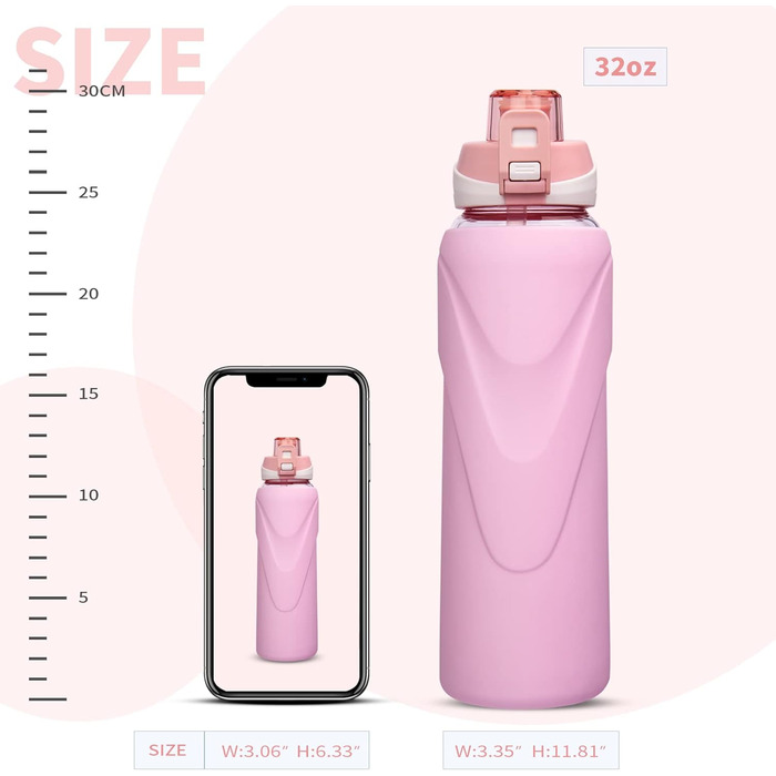 1 liter / 1l Drinking Bottle Glass with Straw BPA-Free Glass Bottle with Silicone Sleeve Borosilicate Glass Water Bottle (Pastel Pink)