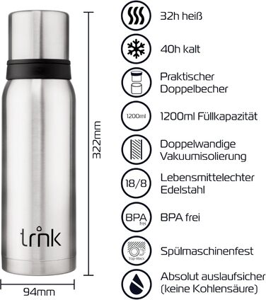 Термос Outdoor Arktis 2 - 1200 мл, нержавіюча сталь, BPA-free, зберігає тепло 32 години, з 2 кришками-чашками, для посудомийної машини, сірий колір