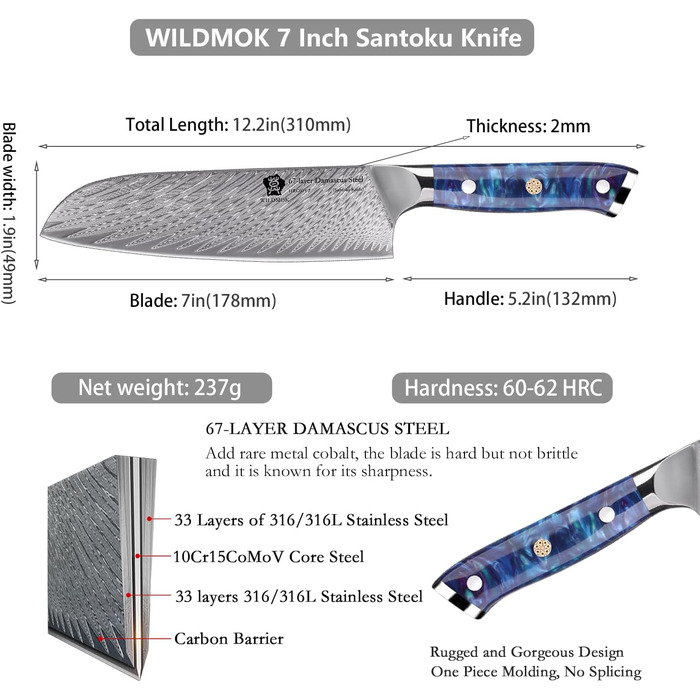 Японський кухонний ніж Santoku WILDMOK 17 см, сталь VG10 Дамаск, синій ергономічний руків'я для кухні