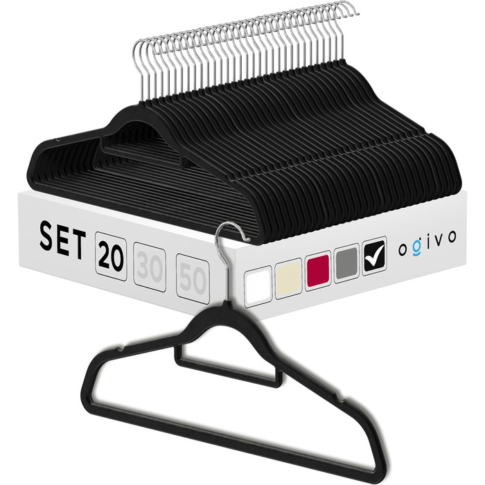 В'язки для одягу OGIVO - набір з 20 шт. - антиковзаючі вішалки для гардеробу, для краваток, з поворотним гачком 360°, з вирізами для плечей (Чорний)