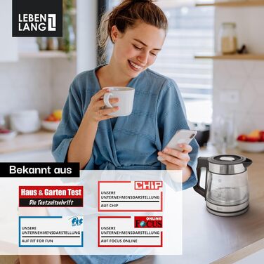 Скляний чайник LEBENLANG 1,2 л з LED-підсвічуванням - нержавіюча сталь, BPA-Free | Чайник для подорожей, кемпінгу