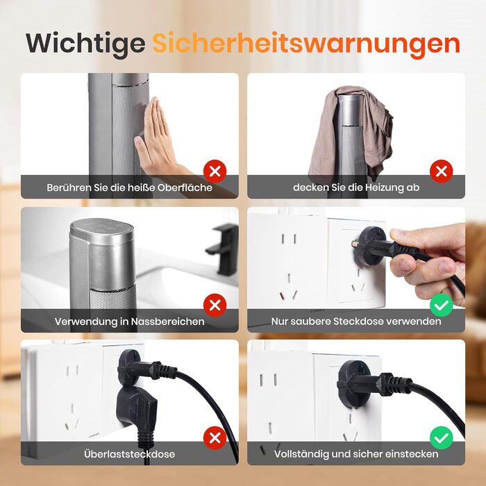 Електричний обігрівач PTC 2000W з термостатом та дистанційним керуванням, тихий, з осциляцією 70°, таймером 12h, захистом від перегріву та нахилу, чорний, 1 шт. (74 см, сріблястий)