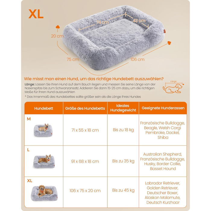 Ліжко для собак Feandrea, м'який лежак, корзина для собак, диван для собак, XL (106 x 75 x 20 см), сірий колір Ombré, знімний чохол, неслизьке покриття