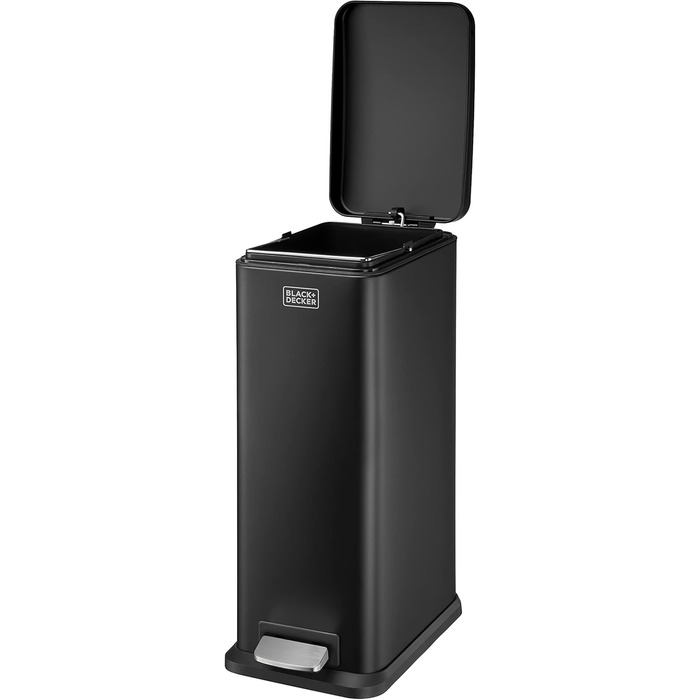 Третеімер BLACK+DECKER BXBN0007E з м'яким закриванням кришки, нержавіюча сталь, 30 x 14 x 29 см, 20 л, чорний, прямокутний