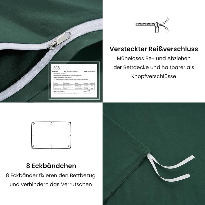 Комплект постільної білизни 135x200/80x80 зелений бавовна 4-х частинний, комплект постільної білизни Salbeigrün 2x135x200 + 2x80x80, постільна білизна ÖKO-TEX Aesthetic 100% бавовна з блискавкою (темно-зелений, 2-х частинний | 155x220cm)