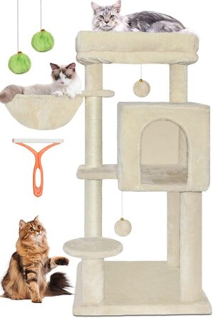 Котячий будиночок з дряпалкою, великі платформи, сизаль, пандус, будиночок для котів, м'ячі та щітка для котів, 95 см, бежевий