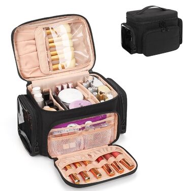 Косметичка для подорожей, велика, чорна: органайзер для макіяжу з відділенням для пензлів, дамська косметичка