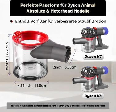 Покращений контейнер для пилу для пилососів Dyson V7 V8 SV10 SV11 (Animal, Absolute, Fluffy), запчастина №967699-01, прозорий міцний пилозбірник