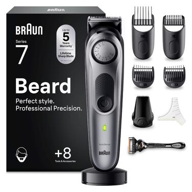 Триммер для бороди Braun Series 7 BT7420, акумуляторний, сірий - професійний тример з 40 насадками, водонепроникний, з Gillette Fusion5