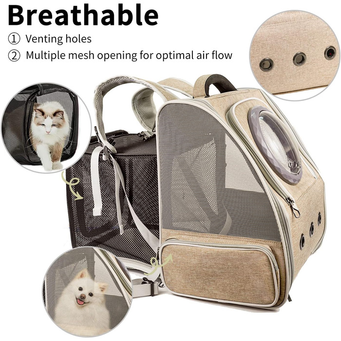 Рюкзак-переноска для котів та собак PENCCOR, розширюваний, для подорожей, дихаючий, великі коти, маленькі собаки, бежевий