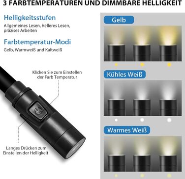 Настільна лампа LUXJET на шиї, LED, акумуляторна, 3 кольори, регулювання яскравості, для читання, рукоділля, ремонту, чорна, 3 режими (3000K-6000K)