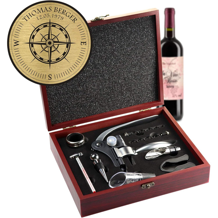 Набір сомельє AMAVEL з 10 аксесуарів для вина, подарункова коробка з дерева з табличкою та персоналізованим гравіюванням компаса, ідеальний подарунок для поціновувачів вина, компас - персоналізований