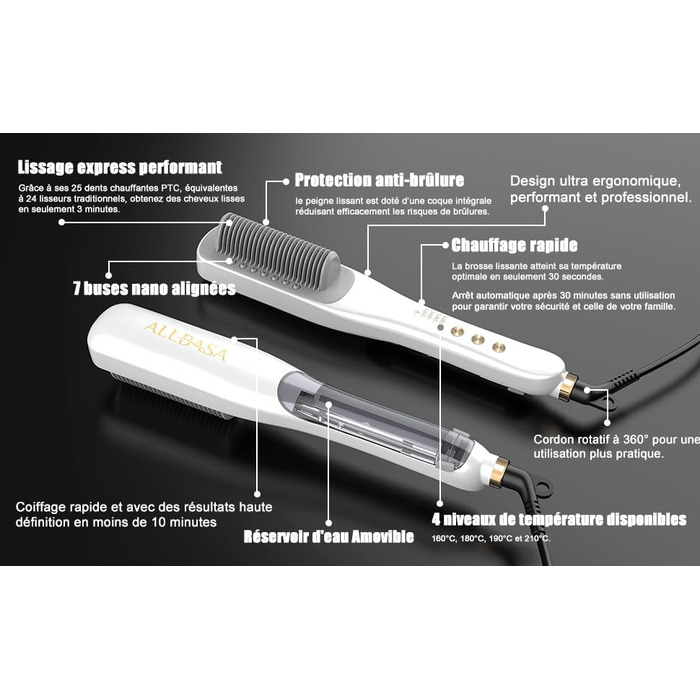 Професійний випрямляч для волосся – щітка-випрямляч, 4 температурні режими, 140℃–200℃, час нагріву 30 секунд, з іонізацією, підходить для всіх типів волосся (білий, парова щітка-випрямляч)